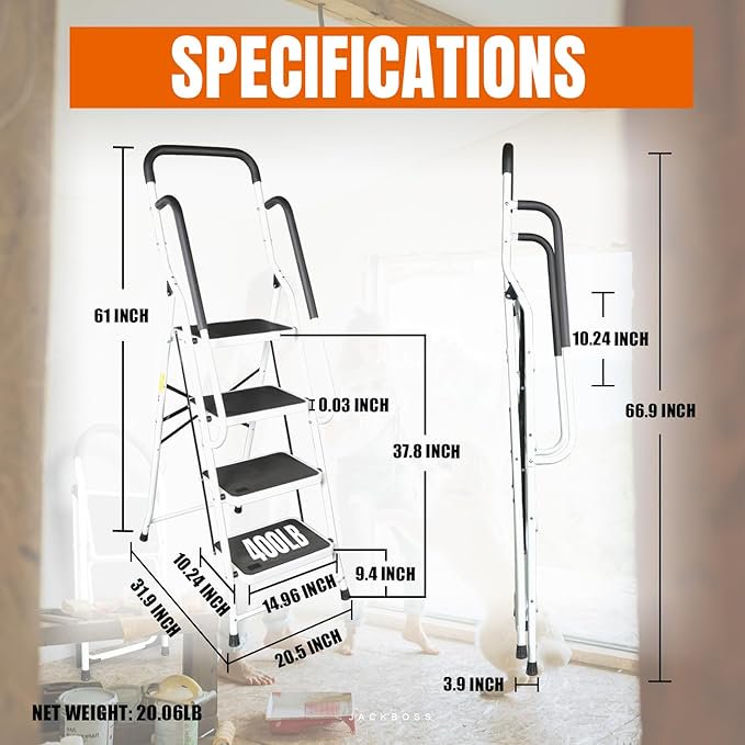Jack Boss 4 Step Ladder, Folding Lightweight Step Stool with Handrails and Wide Anti-Slip Pedal for Home, Office, Kitchen and Garage, Service Height 37.8 inch, 400 lbs Capacity