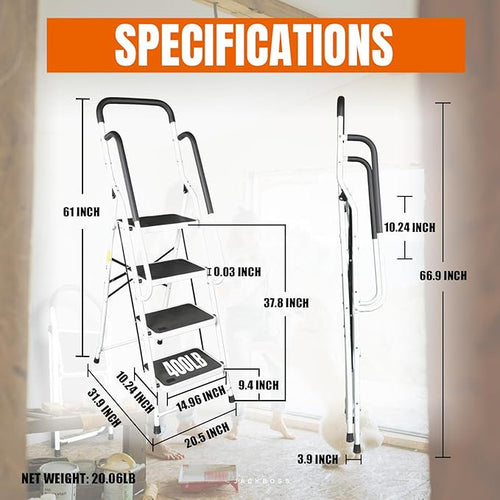 Jack Boss 4 Step Ladder, Folding Lightweight Step Stool with Handrails and Wide Anti-Slip Pedal for Home, Office, Kitchen and Garage, Service Height 37.8 inch, 400 lbs Capacity