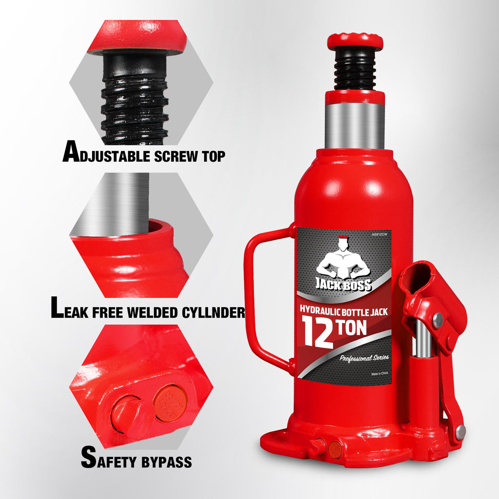 JACK BOSS Bottle Jack 12 Ton Muti-Directional Welded Bottle Jack, Alloy Steel Use for Cars 24,000lb, Red