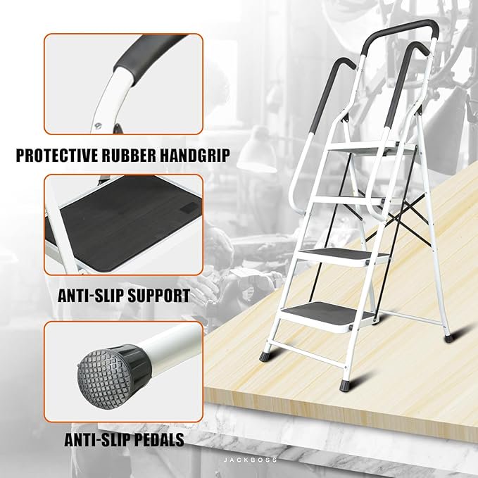 Jack Boss 4 Step Ladder, Folding Lightweight Step Stool with Handrails and Wide Anti-Slip Pedal for Home, Office, Kitchen and Garage, Service Height 37.8 inch, 400 lbs Capacity