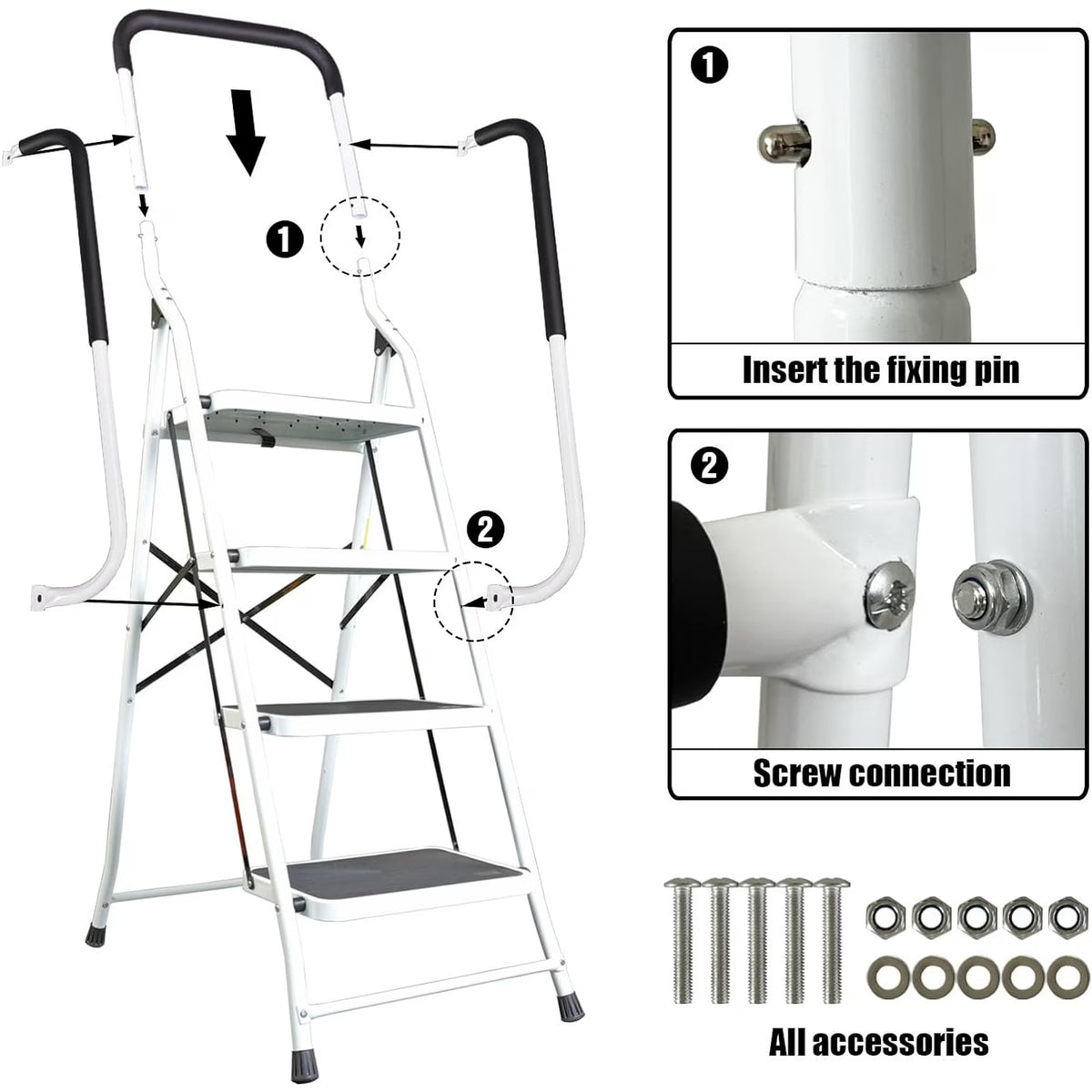 Jack Boss 4 Step Ladder, Folding Lightweight Step Stool with Handrails and Wide Anti-Slip Pedal for Home, Office, Kitchen and Garage, Service Height 37.8 inch, 400 lbs Capacity