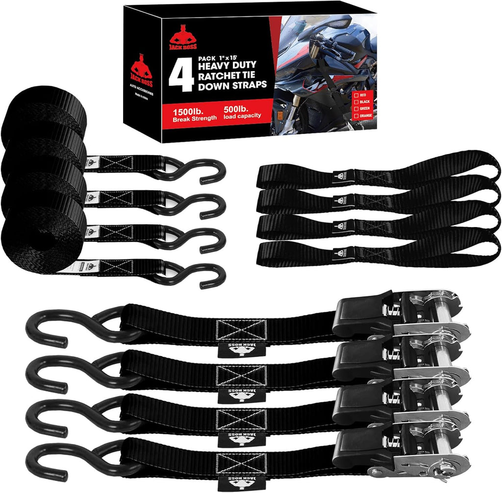 JACK BOSS Ratchet Tie Down Straps Set,1500 lbs Break Strength, 1" x 15' Heavy Duty Ratchet Straps with 4X Soft Loops Padded Handles Coated S Hook, Moving Appliances Motorcycle ATV Truck,Black