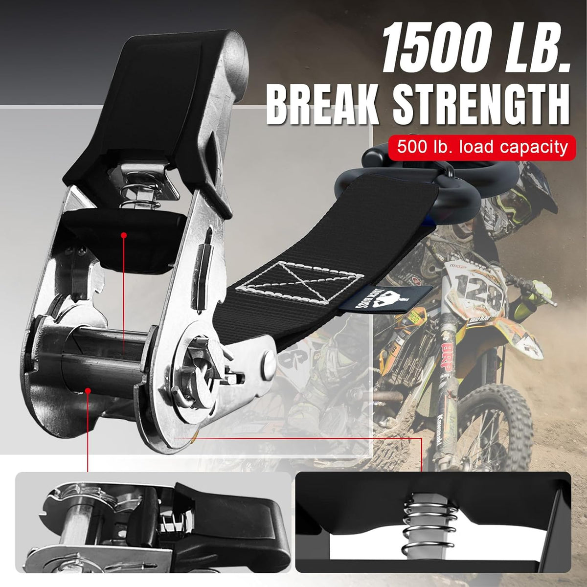 JACK BOSS Ratchet Tie Down Straps Set,1500 lbs Break Strength, 1" x 15' Heavy Duty Ratchet Straps with 4X Soft Loops Padded Handles Coated S Hook, Moving Appliances Motorcycle ATV Truck,Black