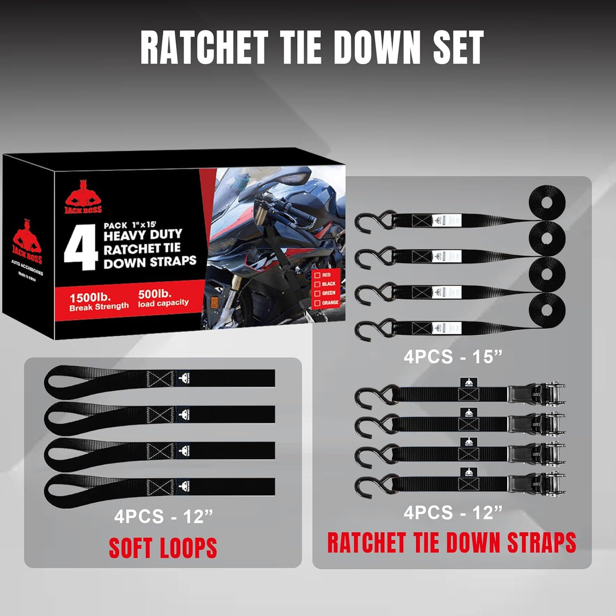 JACK BOSS Ratchet Tie Down Straps Set,1500 lbs Break Strength, 1" x 15' Heavy Duty Ratchet Straps with 4X Soft Loops Padded Handles Coated S Hook, Moving Appliances Motorcycle ATV Truck,Black