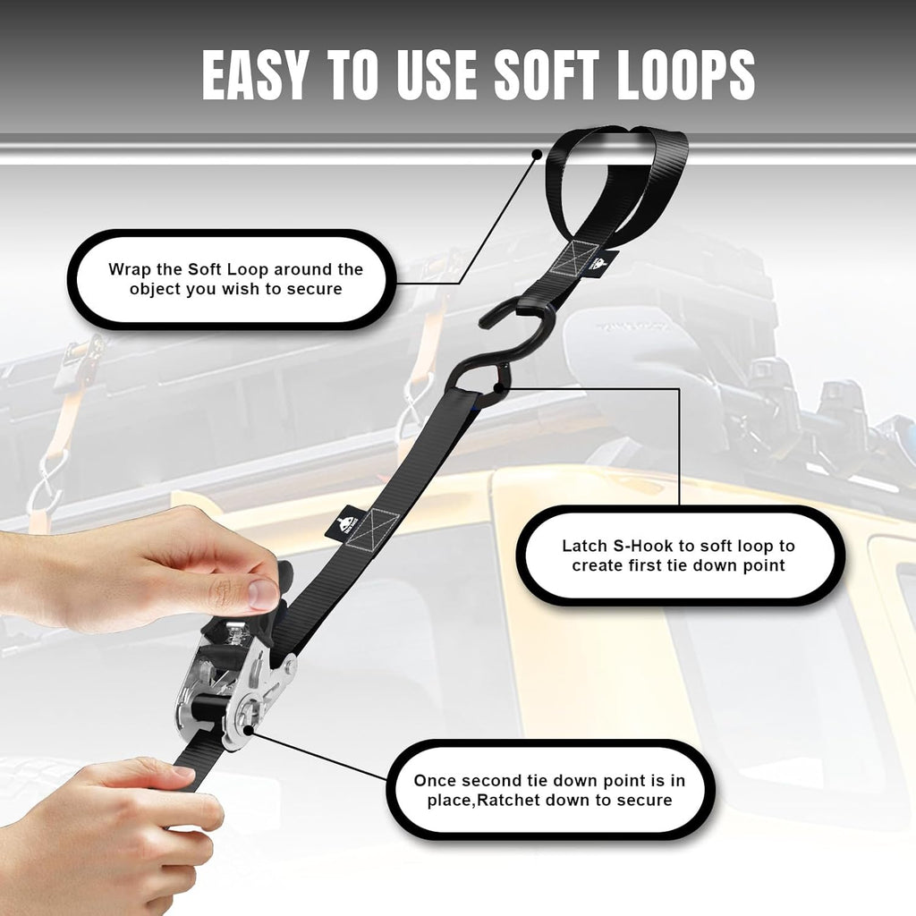 JACK BOSS Ratchet Tie Down Straps Set,1500 lbs Break Strength, 1" x 15' Heavy Duty Ratchet Straps with 4X Soft Loops Padded Handles Coated S Hook, Moving Appliances Motorcycle ATV Truck,Black