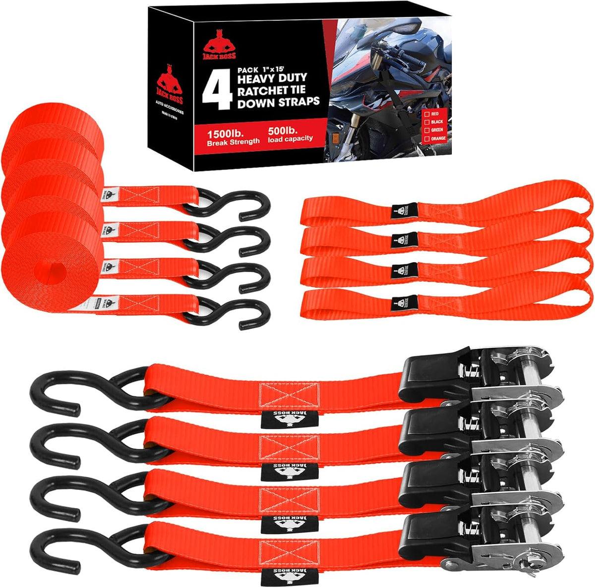 JACK BOSS Ratchet Tie Down Straps Set, 1500 lbs Break Strength, 1" x 15' Heavy Duty Ratchet Straps with 4X Soft Loops Padded Handles Coated S Hook, Fits for Moving Appliances Motorcycle, Orange-Red
