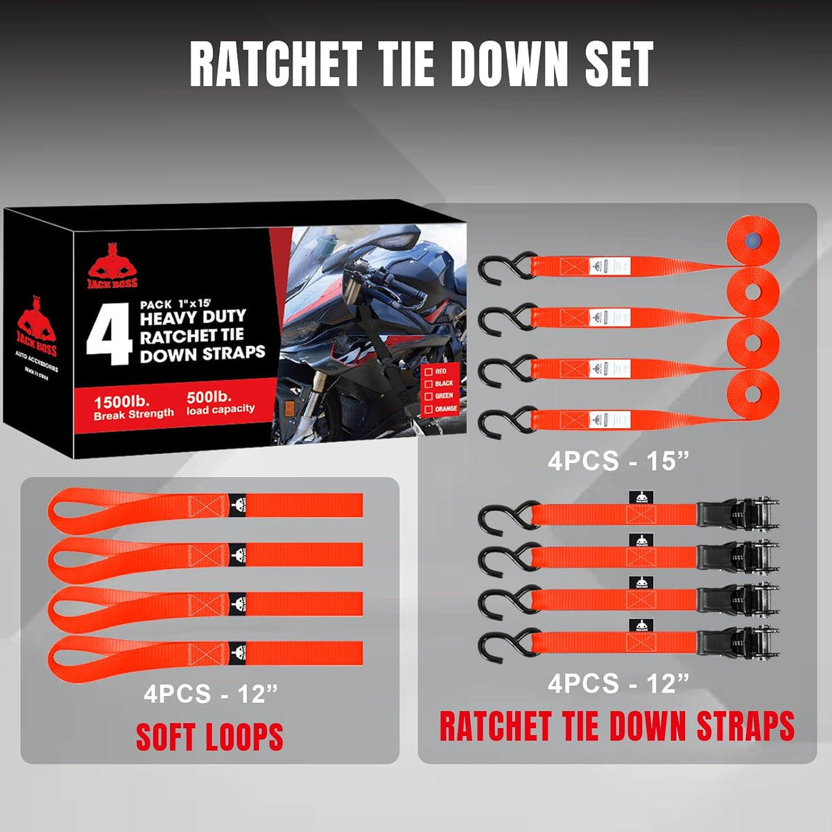 JACK BOSS Ratchet Tie Down Straps Set, 1500 lbs Break Strength, 1" x 15' Heavy Duty Ratchet Straps with 4X Soft Loops Padded Handles Coated S Hook, Fits for Moving Appliances Motorcycle, Orange-Red