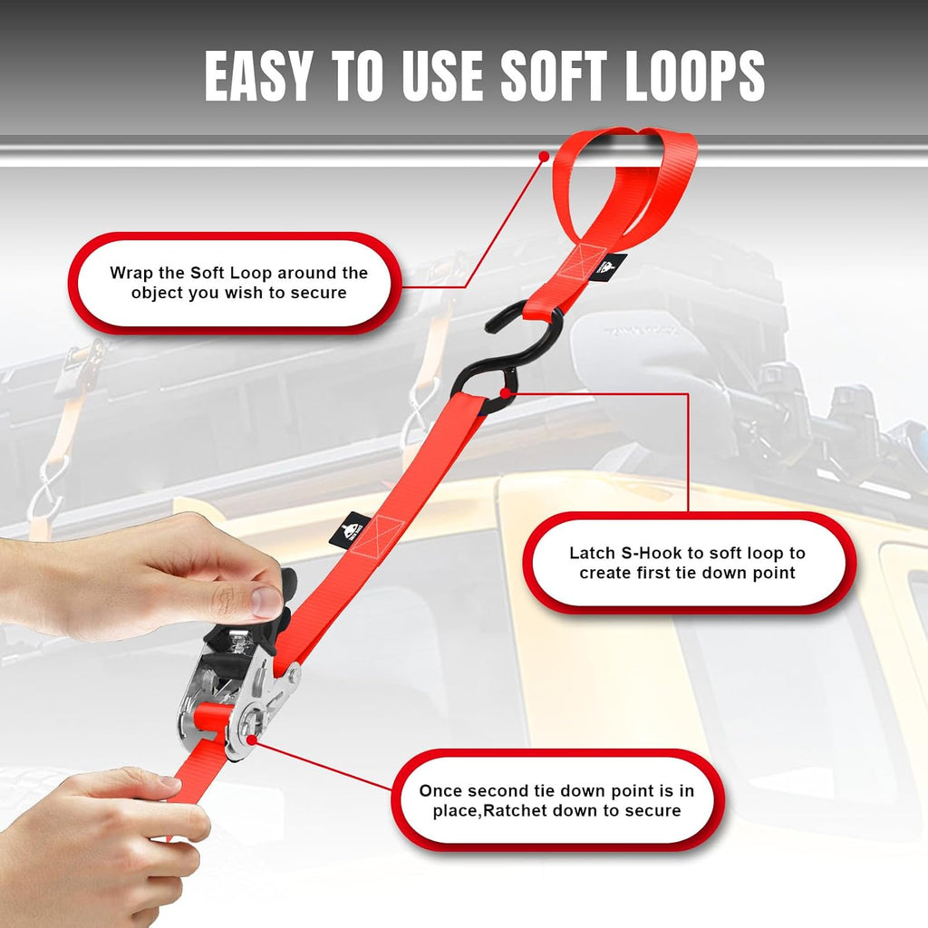 JACK BOSS Ratchet Tie Down Straps Set, 1500 lbs Break Strength, 1" x 15' Heavy Duty Ratchet Straps with 4X Soft Loops Padded Handles Coated S Hook, Fits for Moving Appliances Motorcycle, Orange-Red