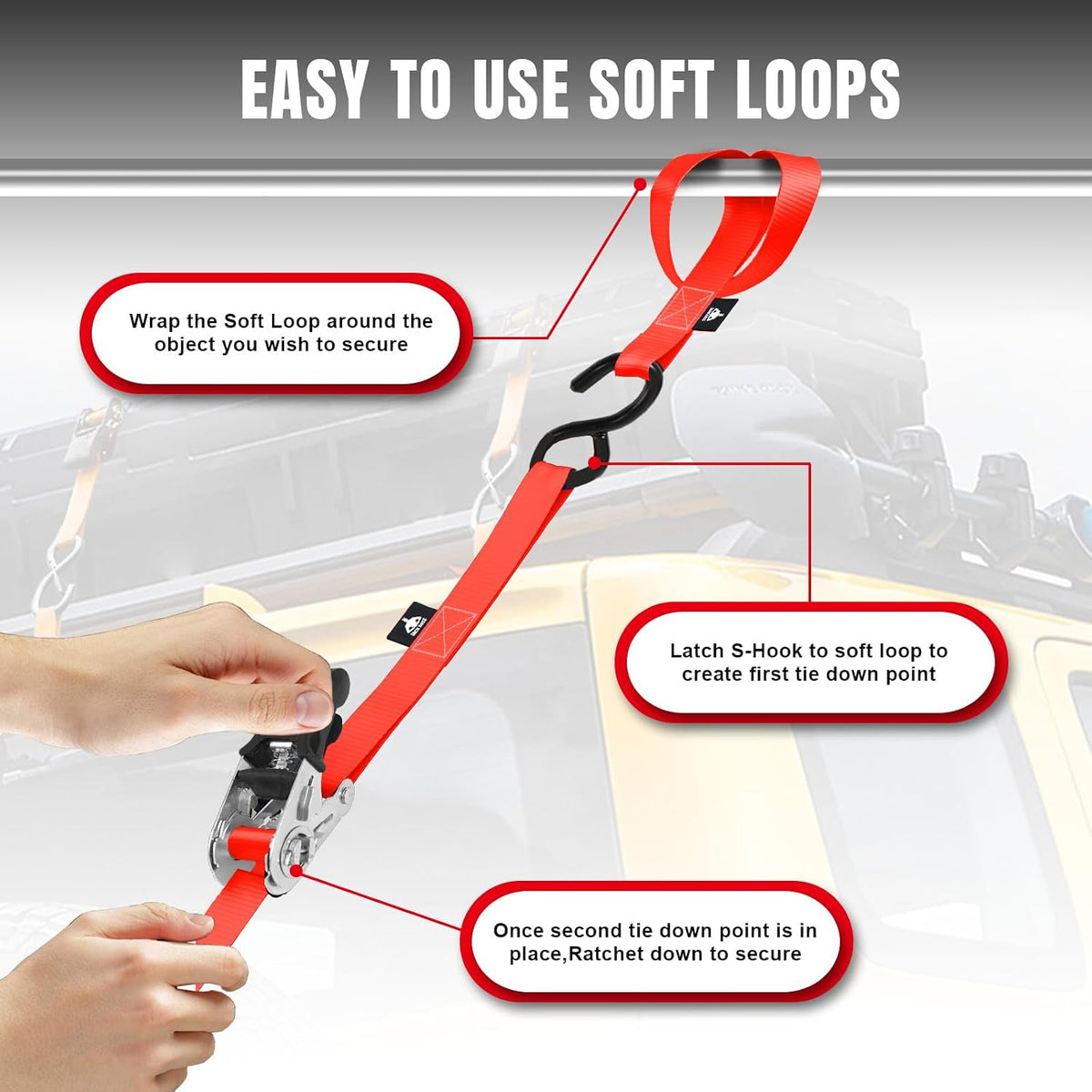 JACK BOSS Ratchet Tie Down Straps Set, 1500 lbs Break Strength, 1" x 15' Heavy Duty Ratchet Straps with 4X Soft Loops Padded Handles Coated S Hook, Fits for Moving Appliances Motorcycle, Orange-Red