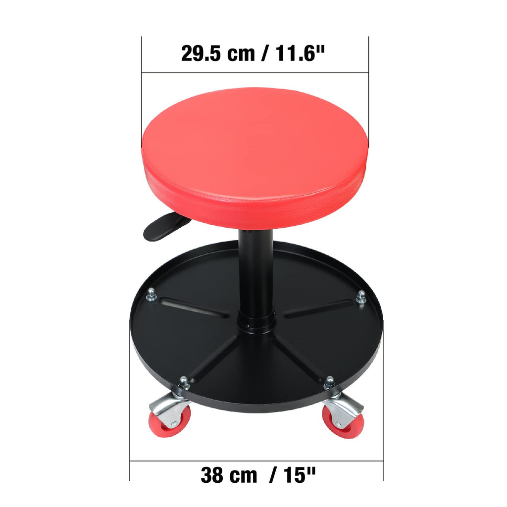 JACK BOSS Heavy Duty Rolling Pneumatic Creeper Garage/Shop Seat: Padded Adjustable Mechanic Stool with Tool Tray Storage, Red Large