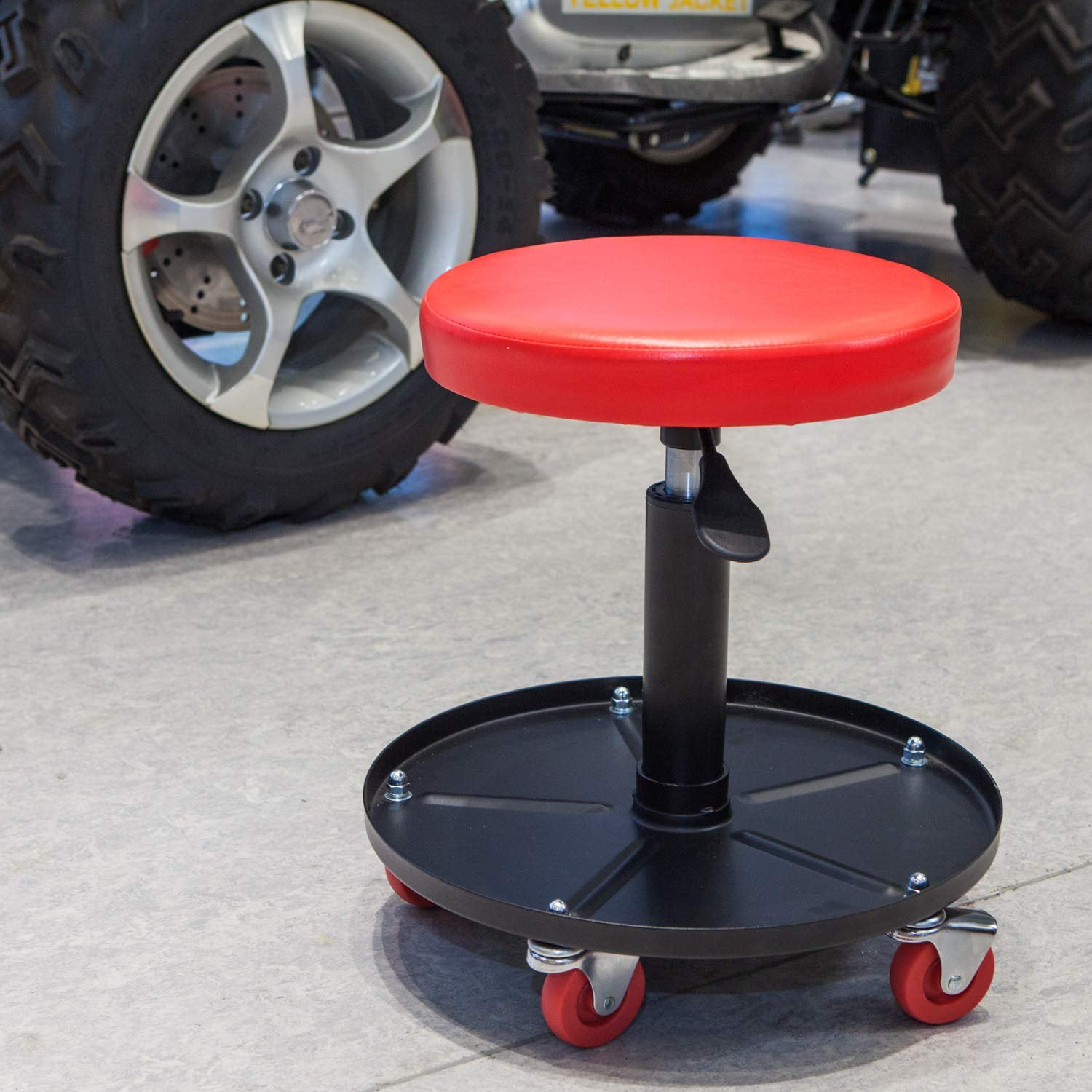 JACK BOSS Heavy Duty Rolling Pneumatic Creeper Garage/Shop Seat: Padded Adjustable Mechanic Stool with Tool Tray Storage, Red Large