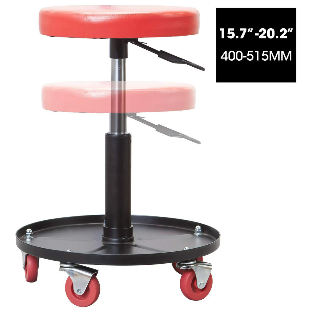JACK BOSS Heavy Duty Rolling Pneumatic Creeper Garage/Shop Seat: Padded Adjustable Mechanic Stool with Tool Tray Storage, Red Large