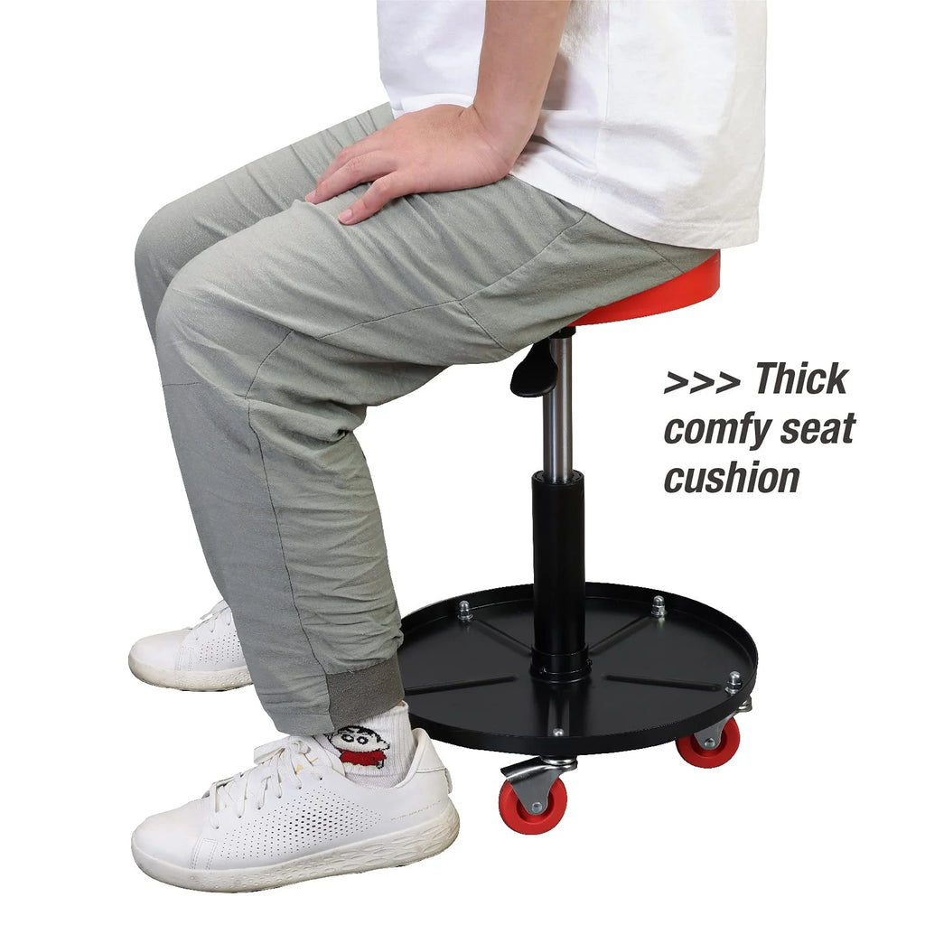 JACK BOSS Heavy Duty Rolling Pneumatic Creeper Garage/Shop Seat: Padded Adjustable Mechanic Stool with Tool Tray Storage, Red Large
