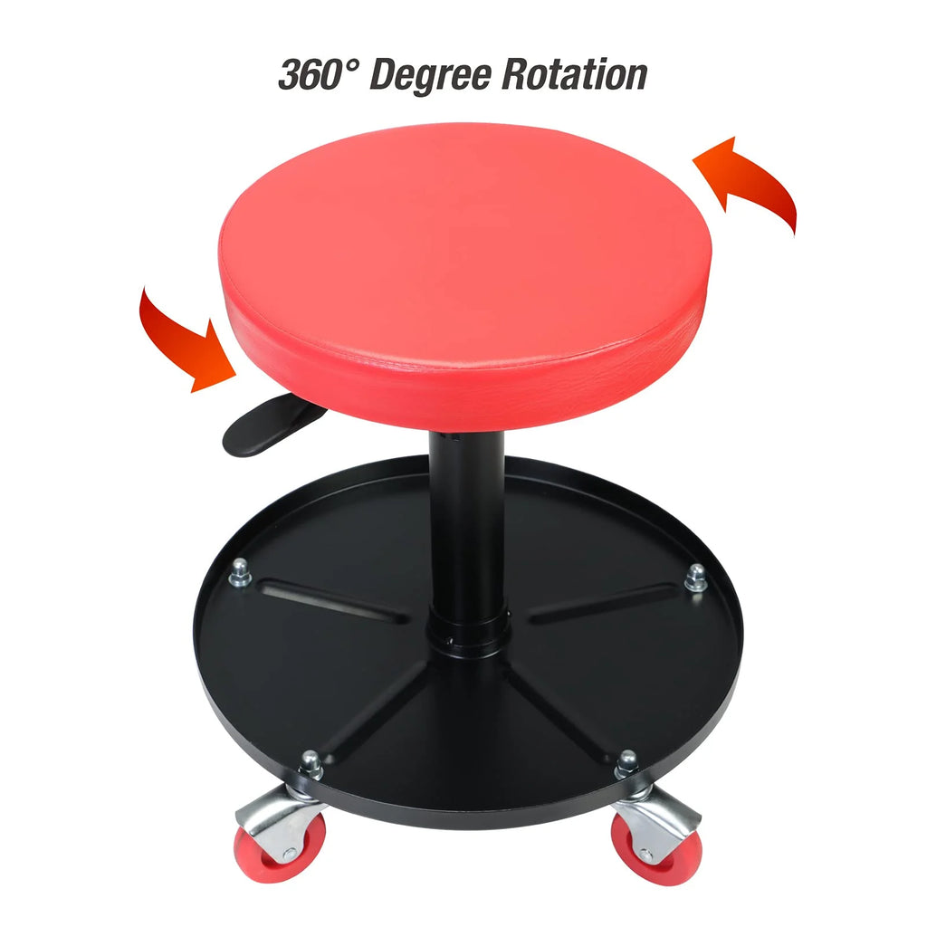 JACK BOSS Heavy Duty Rolling Pneumatic Creeper Garage/Shop Seat: Padded Adjustable Mechanic Stool with Tool Tray Storage, Red Large