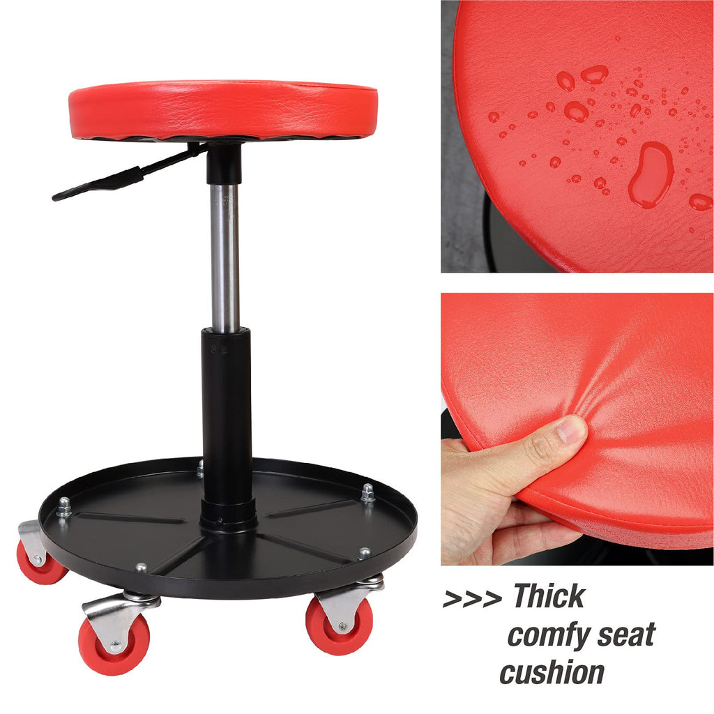 JACK BOSS Heavy Duty Rolling Pneumatic Creeper Garage/Shop Seat: Padded Adjustable Mechanic Stool with Tool Tray Storage, Red Large